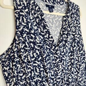 Gap Playful Cat Print Navy White Sleeveless Dress Drawstring Ruffle Hem L